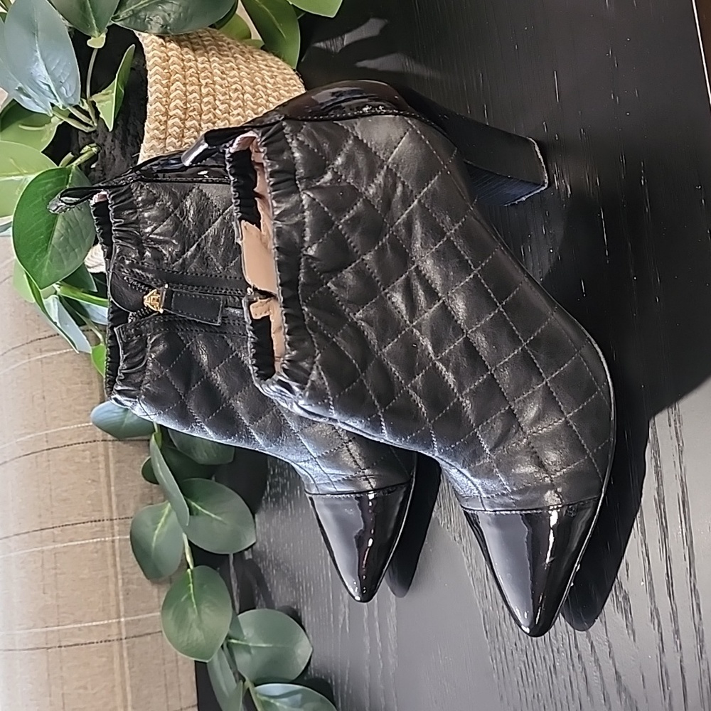 REISS Quilted Black Leather Ankle Boots 37 6.5 Booties Patent Captoe LUXURY - Picture 11 of 17
